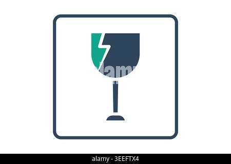 Fragile solid icon. Minimalist fragile icon featuring a cracked wine glass inside a square frame, symbolizing handle with care requirements for delica Stock Vector