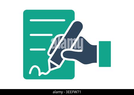 Signature solid icon. Action icon of a hand holding a pen signing a document, representing proof of delivery, legal contracts, and receipt confirmatio Stock Vector