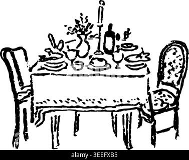 Hand Drawn Christmas Dinner Table Vector Line Art Stock Vector