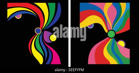 Vibrant abstract art with swirling colorful shapes on black background Stock Vector