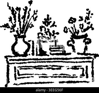 Hand Drawn Console Table with Plants Vector Drawing Stock Vector