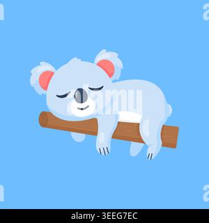 Cute Sleeping Koala on Tree Branch Flat Vector Illustration Stock Vector