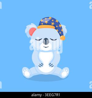 Cute Sleeping Koala Wearing Nightcap Flat Vector Illustration Stock Vector