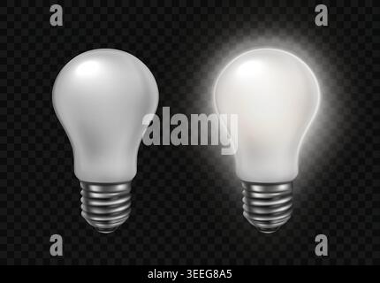 LED lightbulb pair with glowing and unlit matte bulbs, realistic 3D vector illustration of electric lamp comparison with frosted glass and metallic screw base isolated. Stock Vector