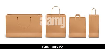 Kraft paper shopping bags in wide, square and narrow formats, realistic 3D brown packaging mockups with rope and flat handles, blank eco retail bag vector collection. Stock Vector