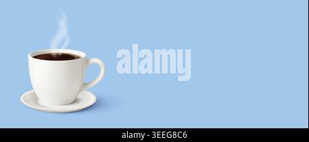 Coffee cup on saucer with steam, realistic 3D white ceramic mug of hot black coffee on blue background with copy space, minimal beverage banner for cafe menu or breakfast ad. Stock Vector