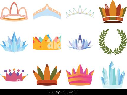 A colorful flat illustration set featuring decorative crowns, tiaras, crystal crowns, feather crowns, and a laurel wreath in various shapes Stock Vector