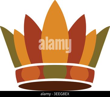 Simple illustration of a tall crown made from layered feather shapes in gold brown orange and green tones. Stock Vector