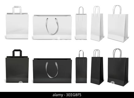 White and black paper bag mockups, realistic 3D blank shopping packaging templates with handles for retail, boutique, gift, takeaway, ecommerce and premium branding. Isolated vector set. Stock Vector
