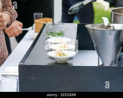 Assorted gourmet vegetable appetizers with tartines and zucchini rolls served as elegant finger food on a catering buffet table. Stock Photo