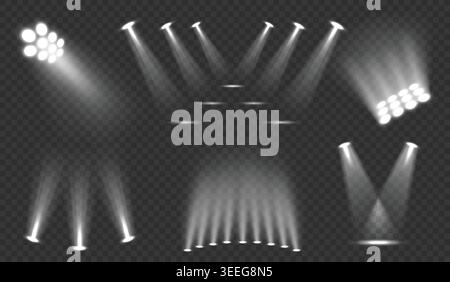 Stage spotlight beam effects, realistic white glowing projector lights and illumination overlays on transparent background for concert, theater, nightclub and show design. Vector isolated set. Stock Vector