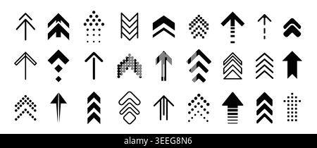 Swipe up arrow icons with black upward direction symbols, chevrons, dotted pointers and upload signs for navigation, app interface, ranking, growth and infographic design. Vector set. Stock Vector