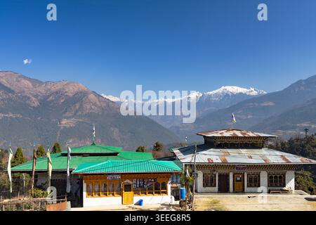 View of Himalayan mountains from Nobding, Bhutan Stock Photo