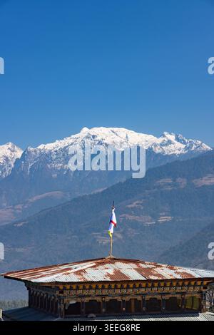 View of Himalayan mountains from Nobding, Bhutan Stock Photo