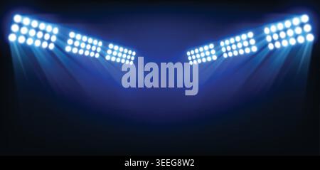Stadium floodlights with bright white spotlights and blue beams on dark arena background, realistic sports lighting banner for night match, championship or event presentation. Vector illustration. Stock Vector