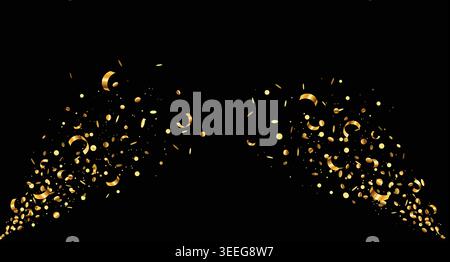 Golden confetti burst with metallic glitter particles and curling ribbons on black background, festive luxury celebration banner for party, award, wedding and New Year design. Vector set. Stock Vector