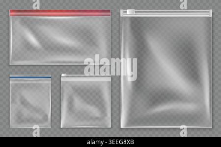 Transparent ziplock bags and resealable plastic pouches with zipper sliders, realistic empty storage packaging mockups for food, travel, cosmetics and household organization. Vector set. Stock Vector