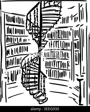 Hand Drawn Library with Spiral Staircase Vector Drawing Stock Vector