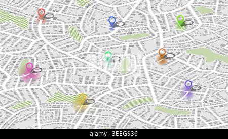 Isometric city map plan with multiple colorful location pins and green park zones on gray street layout. Vector illustration. Stock Vector