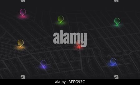 Isometric city map background featuring colorful glowing location markers. Dark street grid with multiple neon position pins. Vector illustration. Stock Vector