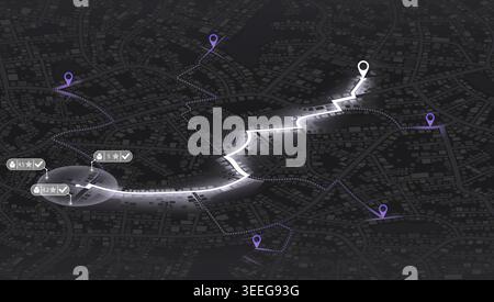 Isometric navigation map showing glowing white route and driver rating popups. Dark city grid with purple markers. Vector illustration. Stock Vector