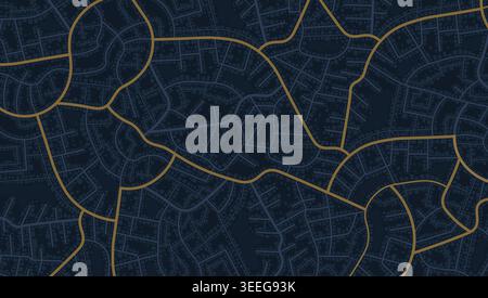 Abstract urban city street map pattern with gold roads on dark blue background. Vector illustration Stock Vector