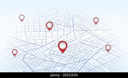 Perspective city map view with multiple red location markers on light blue street grid. GPS navigation concept for travel and delivery destinations Stock Vector