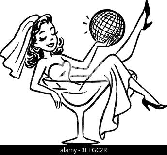 Hand Drawn Bride with Disco Ball in Martini Vector Drawing Stock Vector