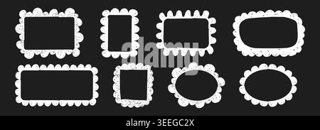 Scribble crayon doodle scalloped frames set. Chalk grunge girly blobs for text. Fluffy, wiggle label, stamp. Wavy whimsical edges curly doodle border. Vector illustration Stock Vector