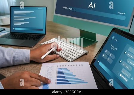 Hand using keyboard and tablet displaying AI interface with data chart document on desk, representing AI data analysis workflow, machine learning proc Stock Photo