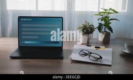 Laptop displaying AI text generation interface on desk with document clipboard and glasses, representing content creation workflow, digital writing pr Stock Photo