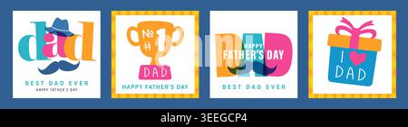 Best Dad Ever set of 4 Father's day vector greeting cards with mens accessors. Creative posters or banners design for Happy Fathers Day. Vector cards Stock Vector