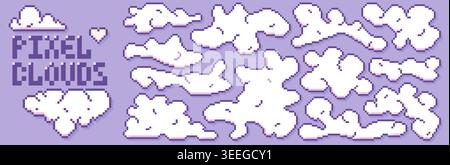 Pack with pixel art game white clouds. Stock Vector
