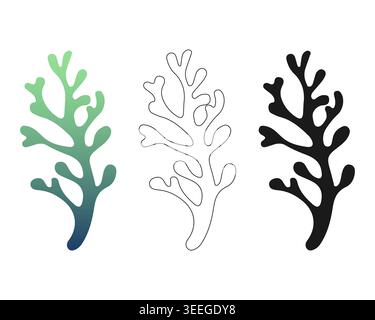 Coral branch and seaweed silhouettes set with black icon, line art and green-blue gradient for aquatic branding, wallpaper patterns and marine decor. Stock Vector