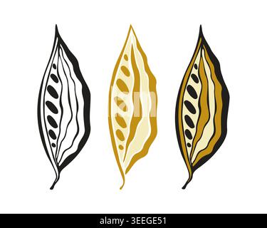 Hand drawn set of stylized exotic pods or seeds in mustard and black palette for craft chocolate packaging, ethnic textile prints and luxury organic b Stock Vector