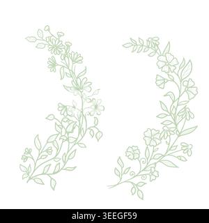 Floral borders with flowers, twigs, and leaves. Vector illustration. Hand-drawn botanical round wreaths with branches and buds in line art, isolated o Stock Vector