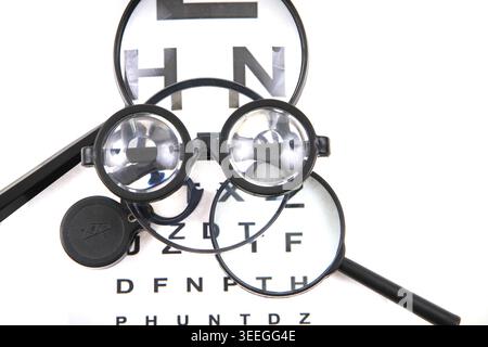 optic test and different magnify glasses isolated on the white background Stock Photo