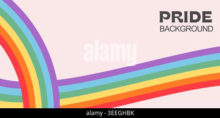 LGBTQ pride month background with rainbow stripes. Abstract vector banner with inclusive flag colors and curved geometric lines for website header Stock Vector