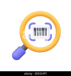 Yellow magnifying glass with barcode icon. Product search, scanning, identification, retail, inventory, price check, tracking and digital commerce con Stock Vector