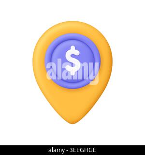 Yellow map pin icon with purple dollar coin. Finance location, banking, payment points, ATM locations, digital wallet, investment and business navigat Stock Vector