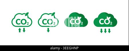 Set of Green CO2 Reduction Cloud Icons with Downward Arrows Stock Vector