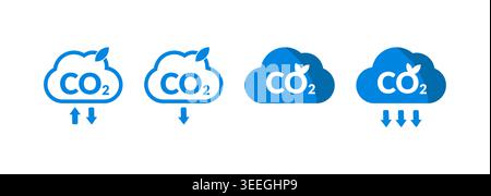 Set of Blue CO2 Reduction Cloud Icons with Downward Arrows Stock Vector
