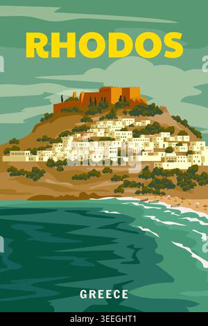 Poster Travel Greece island Rhodes, Kastellos castle, poster, old Mediterranean European culture and architecture Stock Vector