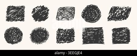 Scribble sketch crayon texture, sketch. Expressive hand drawn inky crosshatch stains and blobs. Grunge box frame set, dripping drops, torn paper, graffiti elements. Pencil squiggles, scribbles. Vector illustration Stock Vector