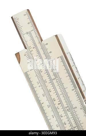 Old used slide ruler closeup isolated on white background Stock Photo