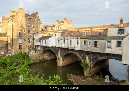 Rear view back of buildings on Pulteney Bridge, River Avon, city of Bath, north east Somerset, England, UK Stock Photo