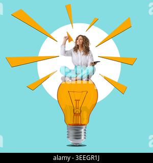 A woman with plane as message sits on a light bulb. Contemporary collage. Creative Ideas Forward Concept. Stock Photo