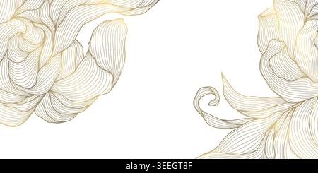 Luxury floral background with elegant gold line flowers and botanical leaves, border and frame. Modern vector design, vintage ornament with tropical Stock Vector
