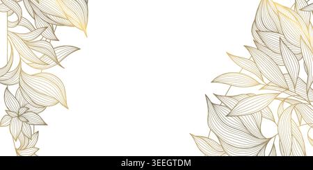Luxury floral background with elegant gold line flowers and botanical leaves, border and frame. Modern vector design, vintage ornament with tropical Stock Vector