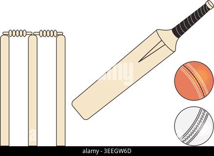 Cricket Equipment Set. Wooden Bat Stumps and Red with White Leather Balls. Professional Sport Gear Collection. Isolated Minimalist Vector Illustration Stock Vector